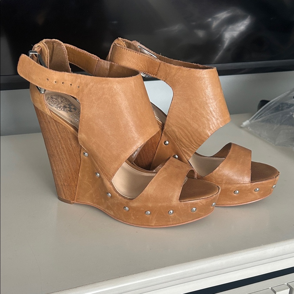 Vince Camuto Cognac Leather Studded Wedge Sandals